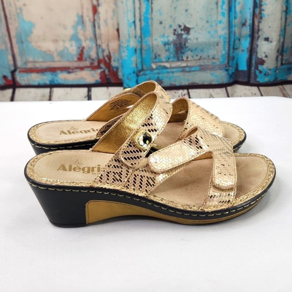 Alegria Dazzler Sandals Loti Rhinestone Wedge Slip On Gold Open Toe